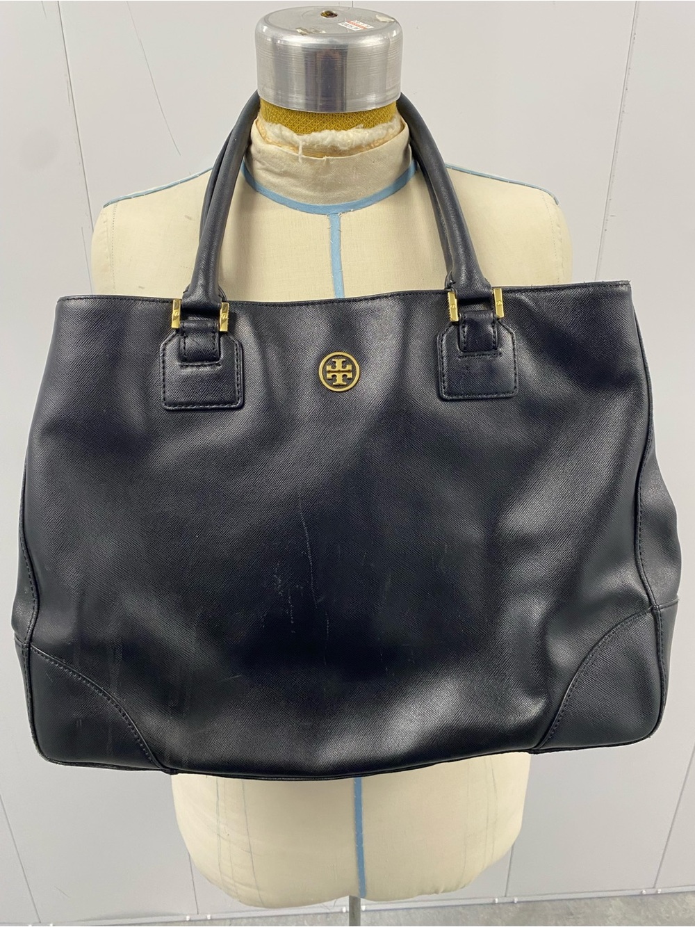 Tory Burch Robinson Top Handle Tote Handbag Black Leather Gold Tone Hardware